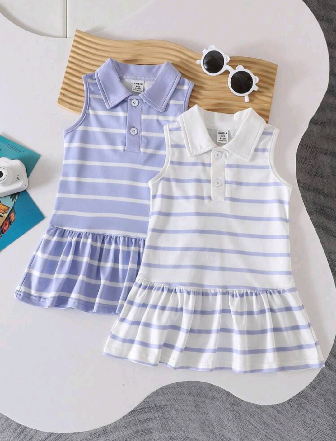 2 Piezas - Vestidos con cuello camisero sin mangas lila con blanco