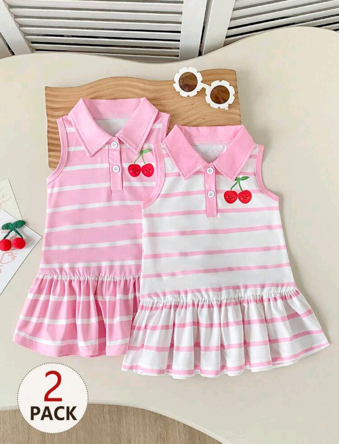 2 Piezas - Vestidos con cuello camisero sin mangas rosa con blanco 🍒