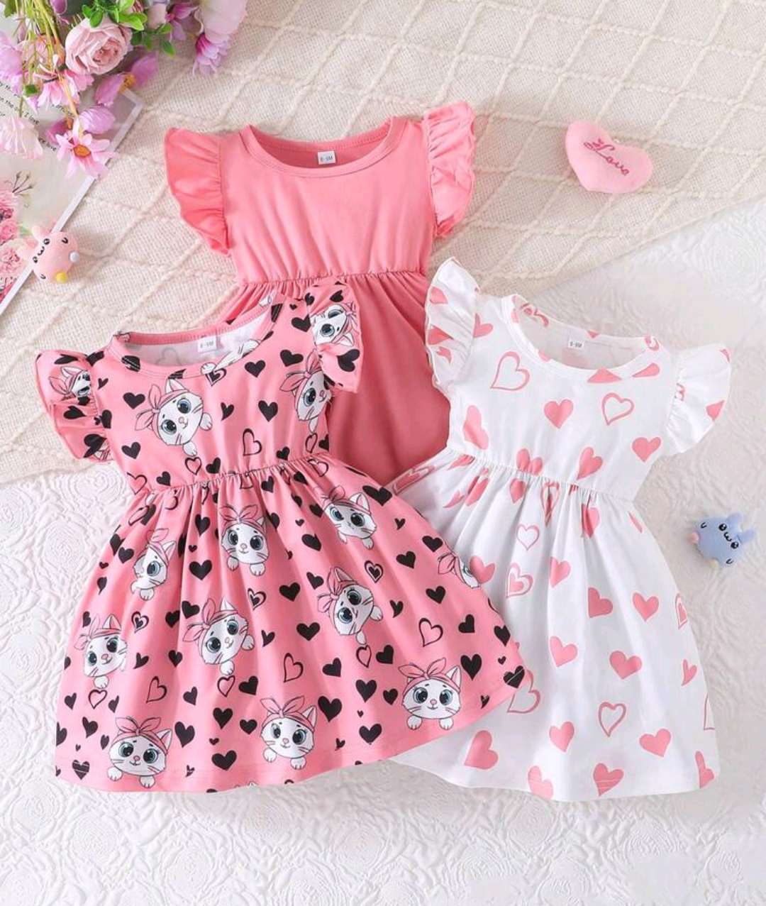3 Piezas - Vestidos de algodón, diseño de gatito y corazón (rosa)