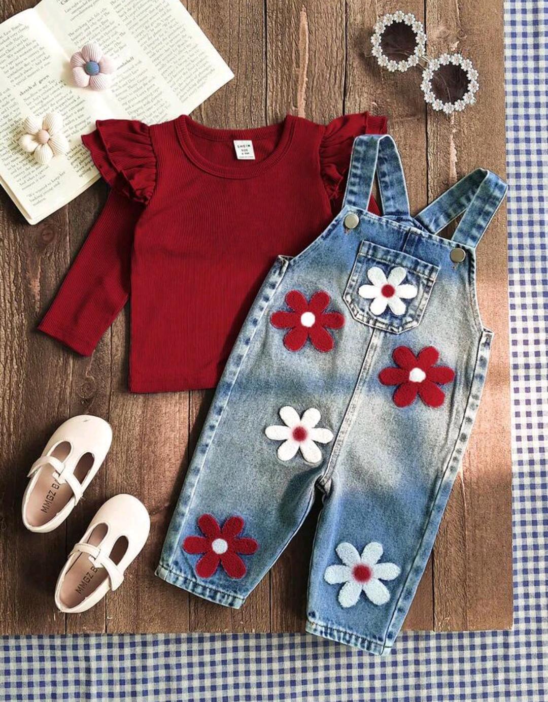2 Piezas - Suéter acanalado manga larga con volantes en las mangas + overol de jeans con diseño de flores (vinotinto)